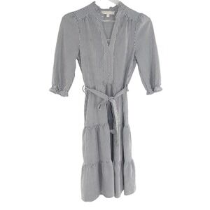 Monteau Los Angeles Tiered Midi Dress Striped Tie Waist Small Blue White